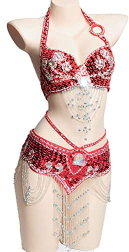 JRUIA Bauchtänzerin Kostüme Für Damen Karneval Professionelle Leistung Tanz Outfit Maskerade Kleidung Top BH Für Den Bauchtanz Und Gürtel Für Den Bauchtanz 2 Teiliges Set,A,XL