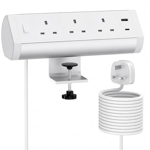 Desk Extension Lead with USB C, Haylink 3 Way Desk Clamp Power Socket with 2 USB Ports, Control Switch, 3M Cable, Aluminium Alloy Plug Socket for Office Home