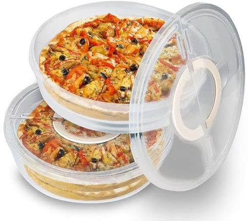 2 Pack 12inch Food Storage Container with Lid and Handle, Reusable 2 Compartments Pizza Slice Storage Container, Round Clear Pie Carrier Leftover Pizza Keeper for Cake Cheesecake Tortilla Pastry