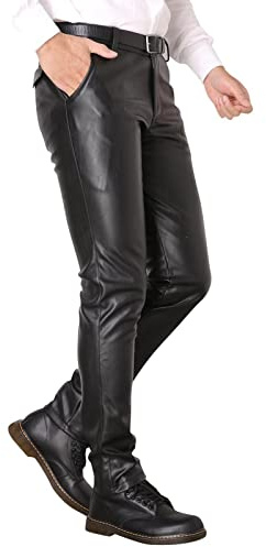 BIISDOST Pantaloni in pelle slim fit, per uomo, piccoli, elasticizzati, alla moda, locomotiva, in pelle, classici, in finta pelle, da motociclista, da uomo, colore nero, sexy, sottile, tinta unita,