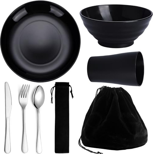 Kyraton set di posate da campeggio da 6 pezzi, bicchieri, piatti e ciotole in plastica e posate in acciaio inox con borsa nera, adatto per 1 persona in campeggio, lavabile in lavastoviglie