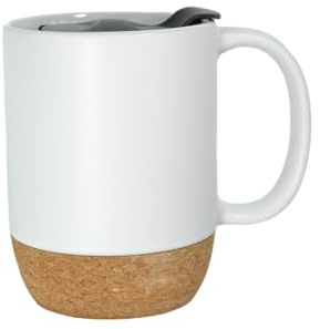 CUSROS Hitzebeständige Kaffeetasse mit abnehmbarem Deckel, 350 ml, mattschwarzer Griff, Korkboden, abnehmbar, staubdicht, Keramik, Tee, Milch, Wasser, Geburtstag, Weiß, Einheitsgröße