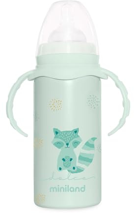 Miniland Thermobaby Dolce Mint 240ml. Thermos en acier inoxydable avec tétine, double couche d'acier, qui maintient la température de la boisson froide et chaude pendant des heures.