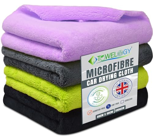 Towelogy® 520gsm Professional Microfibre Edgeless Car Cloths QUICK DRY for Auto/Moto Detailing Polishing Washing STREAK FREE & LINT FREE 40x40cm (4, Assorted Pack)