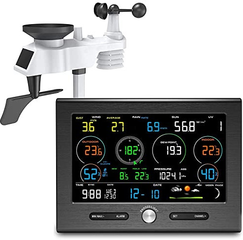 Stazione Meteo Wireless, Stazione Meteo Wi-Fi per Interni/Esterni, Wireless a Lungo Raggio di 1,9 Miglia con Termometro, umidità, Pluviometro, Anemometro, Data e Allarme Gelo