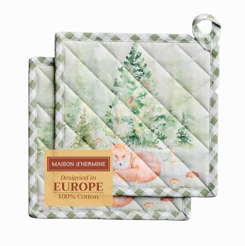 Maison d' Hermine Pot Holders Set 100% Cotton Heat Resistant Potholders 20 cm x 20 cm Hot Pads with Loop for Christmas Decorations BBQ Cooking Baking Handling Hot Pans (Pack of 2, Winter Mornings)