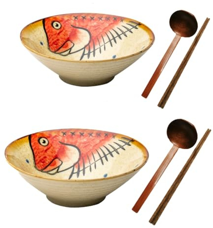 Ceramic Japanese Ramen Bowl Noodles Bowls for Soup Pho Udon Soba Salad Snack Cereal Dishes with Spoons Chopsticks 900ml Gift Set (Red Fish)