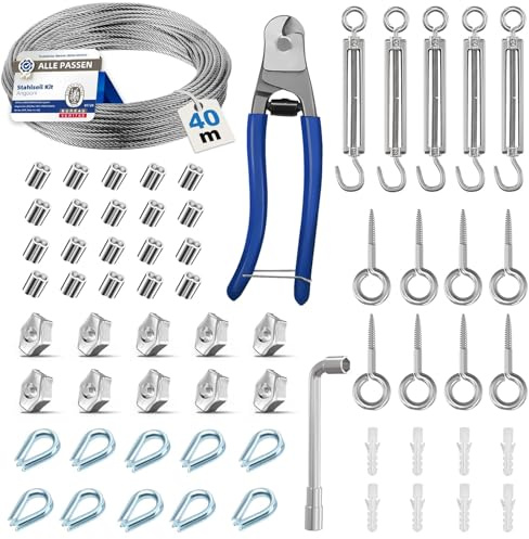 Angooni 40 m Stahlseil Set, Verdickt 3 mm Edelstahl Drahtseil, M5 Seilspanner Edelstahl Spannschloss, M5 Wandhaken, Stahlseil mit ösen, Rankhilfen für Kletterpflanzen, Gardinenseil, Zaun