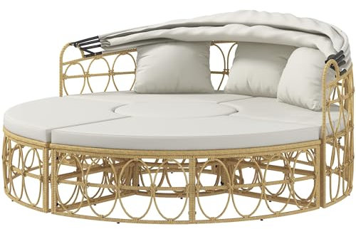 Outsunny Sonneninsel, 4-TLG. Muschel Gartenmöbel-Set mit klappbarem Verdeck, Zweisitzer, Bank, Couchtisch, Gartenlounge Set, Sitzgruppe für Outdoor, Creme