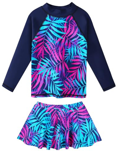 ZNYUNE Kids Girls UPF 50+ UV Sun Protection Rash Guard Swimsuit Long Sleeves Flower Summer Swimming Beach Costume S379 NavyLeaves 16A