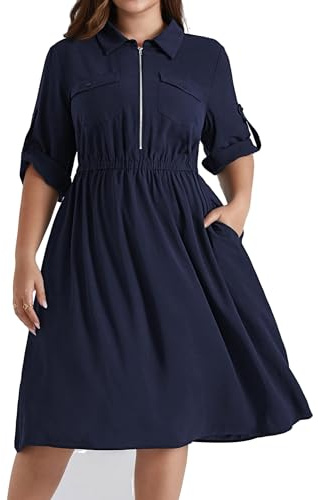 Hanna Nikole Women's Plus Size V-Neck Lapel A Line Dress Adjustable 3/4 Sleeve Midi Dress Elastic Waist Casual Midi Dress with Pockets Dark Blue 20