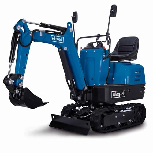 Scheppach Benzin Mini Bagger EXC815 mit Kettenantrieb & E-Start | 8,5PS | 690mm Spurbreite | Grabtiefe 1200mm | Armreichweite 2330 mm | Drehbereich 360° | inkl. Schaufel, Planierschild & LED Licht