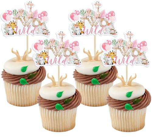 Gyufise 36Pcs Two Wild Cupcake Toppers Jungle Animal Two Cupcake Picks 2nd Birthday Baby Shower Cake Decorations Jungle Safari Theme Kids Birthday Party Decorations Pink
