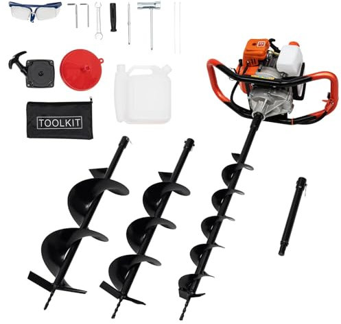 52CC 2 Stroke Petrol Earth Auger, Post Hole Borer with 3 Drills Bits (Dia: 100, 150, 200 mm), Petrol Powered Garden Digger Digging Machine, Auger Excavator