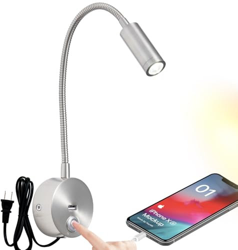 WisHomee Dimmerabile Lampada da Lettura Muro con Porta di Ricarica USB, 3-Colori LED Letto Lampada da Lettura a Parete Flessibile, Lampada da Parete con Spina(Nichel)