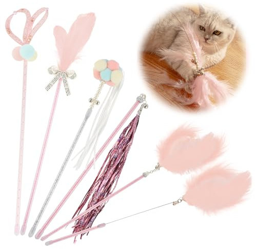 Lrocotanc Katzenspielzeug Feder - Katzenangel 6 Stück - Kitten Spielzeug Set - Cat Toys - Interaktives Spielzeug zur Selbstbeschäftigung (Rosa)