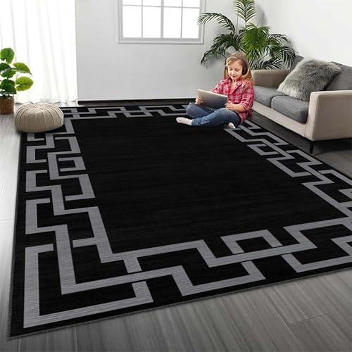 MOONLIGHT20015 Rugs Living Room 120 x 170 cm - Greek Key Style Black Area Rugs for Bedroom Dining Room – Non Slip Large Bedside Rug Printed Carpet for Lounge, Nico Black