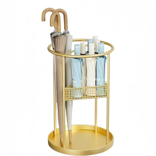Umbrella stand, square umbrella stand, round umbrella stand made of wicker, metal commercial umbrella stand, stand heavy duty storage with removable drip tray for home office corridor foyer(Gold)