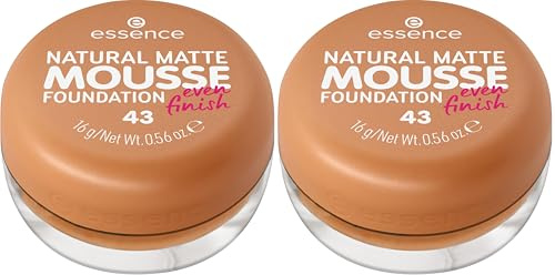 essence NATURAL MATTE MOUSSE FOUNDATION, Nr. 43, Nude, mattierend, abdeckend, Expressergebnis, matt, vegan, ohne Parfüm, ohne Alkohol, ohne Konservierungsstoffe, 2er Pack (16g)