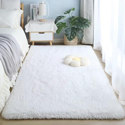 AIMECO Wohnzimmer Teppich Hochflor Carpet 80X150 Anti-Rutsch Extra Große Teppiche Schlafzimmer Flauschige Moderne Teppiche Matte Teppichen Mädchen Schlafzimmer Kinderzimmer Weiß