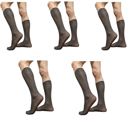 YUZIMEI Calzini da uomo, 5 paia di calze lunghe da uomo eleganti per abiti da lavoro a righe lunghe in nylon sottili e confortevoli per abbigliamento formale - Grigio a righe sottili