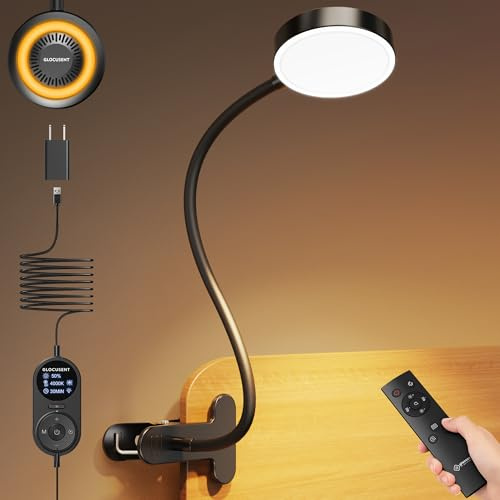 Glocusent Lampe de Bureau à Pince, 72 LED Lampe Lecture, 360° Flexible Lampe Pince pour Lit, 3 Luminosités & 5 Couleurs, Protection des Yeux, pour Maison/Bureau (Noir avec Adaptateur et Télécommande)