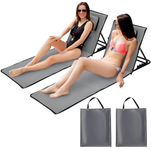 Sonnewelt 2 Stück Strandmatte mit Rückenlehne Strandliege Klappbar Leichte,Faltbares Strandstuhl mit Lehne und Tragebeutel - Wasserdicht und tragbar,Liegematte (Grau,158x55cm)