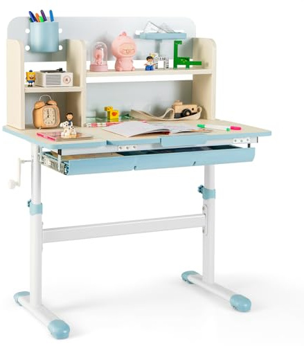 COSTWAY Kinderschreibtisch höhenverstellbar, Schreibtisch Kinder mit neigbarer Tischplatte, Regalen & Schublade, Jugendschreibtisch Schülerschreibtisch für 3-12 Jahre Kinder, 80 x 51 x 110,5cm (Blau)
