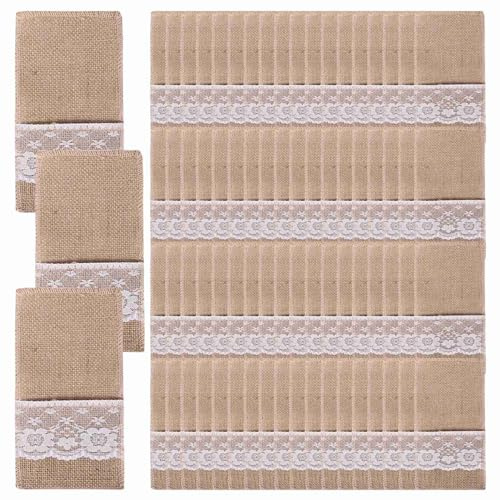 Tuesoa 75 PièCes Toile de Dentelle Couverts Pochette Rustique Mariage Vaisselle Couteau Fourchette Porte Sac Table DéCoration Accessoires