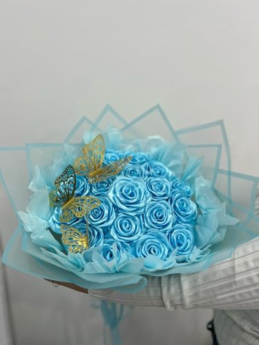 Luxuriöser Rosenstrauß, 30 Hellblaue Rosen mit Goldenen Schmetterlingen, Blaue Geschenkverpackung
