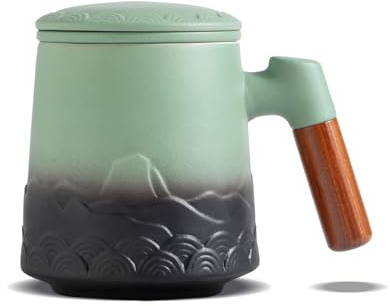 ZENS Tasse a The avec Infuseur et Couvercle, 450ML Tasse à Thé en Vrac | Céramique Mate Tasse a The avec Infuseur, Poignée en bois, Tisaniere les amateurs de thé Cadeaux, Vert Mousse