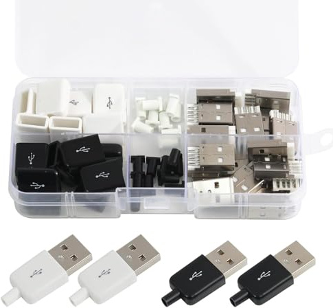 Harrisen USB 2.0 Typ A Stecker 4 Pin, 20 Set (10 Schwarz + 10 Weiß) | Mit Kunststoffabdeckung, Für DIY Unterstützung Modul, Buchse Adapter, Zum Löten von Drähten und Kabeln