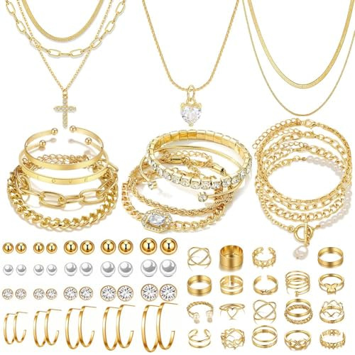 IFNODO 57pcs Gold Jewelry Set With 3 PCS Necklace, 12 PCS Bracelet,20pcs Hoop Stud Earrings,22pcs rings set For Women For Birthday Gifts (gold color-57)