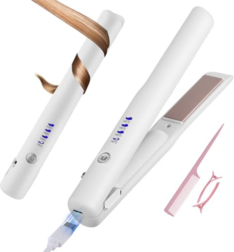 Cordless Hair Straighteners,Rechargeable Mini Hair Straightener Curler 2 in 1,Ceramic Portable Straightener Iron with 4-Level Adjust Temp,Portable Travel Wireless Hair Straightener & Curling