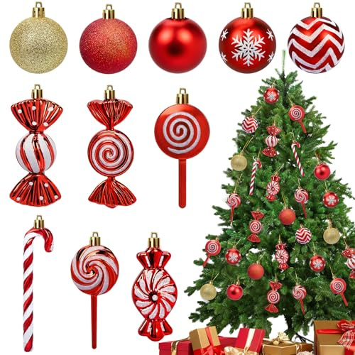 Set med julgranskulor, 28 stycken, röda juldekorationer, plast, julkulor, godis, kronor, ornament