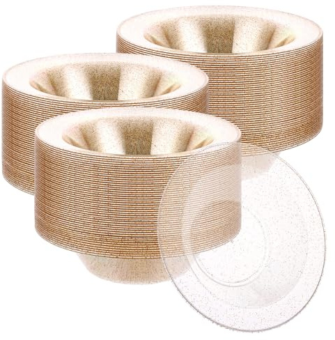 AKOLAFE 50 cuencos de plástico transparentes con purpurina dorada, platos soperos de plástico, 350 ml, cuencos reutilizables para sopa de plástico para fiestas, bodas, cumpleaños, Navidad, Pascua
