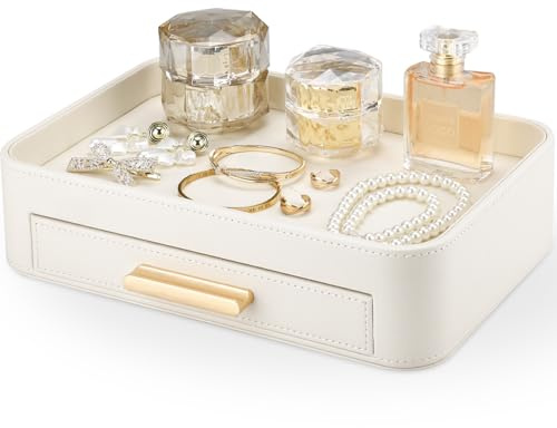 GORESE Svuotatasche, Vassoio Portaoggetti con Cassetto in Pelle Porta Gioielli Organizer per Cassetti Vassoio da Letto Organizzatore da Scrivania per Chiavi,Occhiali,Beaute,Gioielli(Bianco Avorio)