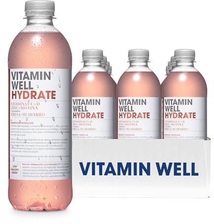 Vitamin Well - Bebida Enriquecida con Vitaminas C y D, Zinc + Biotina, Alternativa Saludable, Sabor Fresa/Ruibarbo - Hydrate (12 x 500ml)