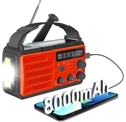 Radio Solaire Dynamo Portable 3 Modes de Recharge avec 8000mah AM/FM Radio Dynamo Survie Power Bank/SOS Alarm/Lampe Poch/1W Ourdoor, Emergency.Radio Portable Rechargeable (Rouge)