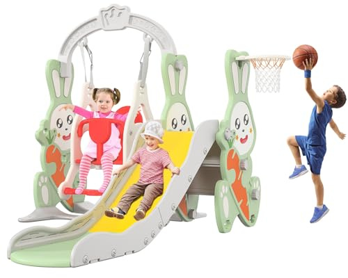 Marooma Toboggan bébé 4 en 1, adapté aux Enfants de 1 à 3 Ans, avec balançoire, Support de Basket, échelle d'escalade, Ensemble de Jouets d'intérieur et d'extérieur(Glissière Simple Vert-A)