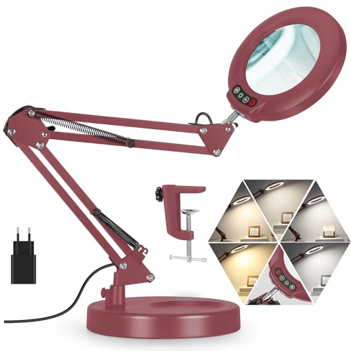 Veemagni 12X Lente di Ingrandimento con Luce, 5 Modalità di Colore Dimmerabili 2 in 1 Lampada da Scrivania e Morsetto, Lampada Lente Ingrandimento a Mani libere per Lavori Ravvicinati Lettura Rosso