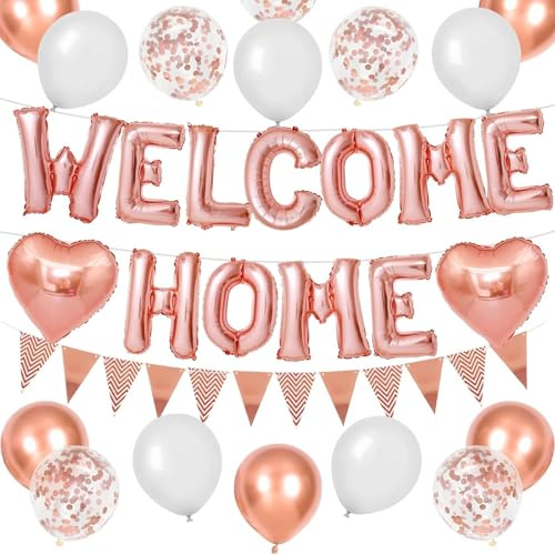 DazzJoy Willkommen Zuhause Luftballons Rosegold Set, 16 Zoll Rosegold WELCOME HOME Buchstaben Ballons mit Latex Ballon und Wimpelkett, Welcome Home Deko Luftballon für Babyparty, Familie Party