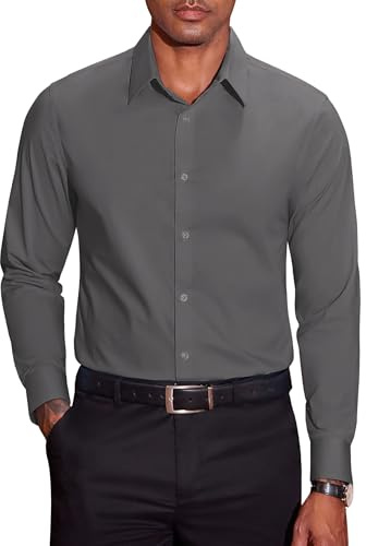 COOFANDY Camicia da Uomo a Maniche Lunghe in Cotone Stretch Anti-Piega per Business e Tempo Libero Regular Fit Grigio Scuro XXL