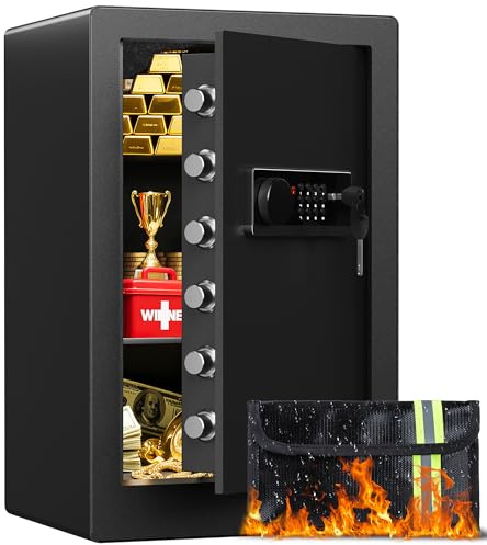 Large Steel Safe Box 3.0 Cuft for Home with LED Light, 6 Locking Bolts Electronic Safe Fireproof with Removable Shelves & Smart Alert, Digital Safe with Fireproof Bag for Document Hotel Office