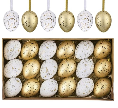 Valery Madelyn 18er Ostereier zum Aufhängen für Osterdeko,4cm Modern künstliche Mini Ostereier für Ostern Deko,Weiß Gold Ornament für Osterkörbchen Frühlingsdeko,Ostern Geschenke