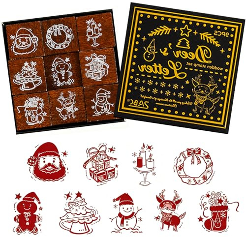 ElevaPulse Weihnachtsstempel aus Holz – 9-teiliges Set mit Motiven wie Rentier & Schneemann für Geschenkanhänger weihnachten holz und Karten mit Stempel gesegnete Weihnachten