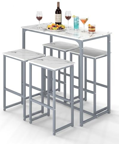 Amveya Mesa Alta Cocina con Taburetes, Mesa Cocina Pequeña con Sillas multifuncionales de diseño Moderno, Mueble Bar Salon líneas de mármol Blanco