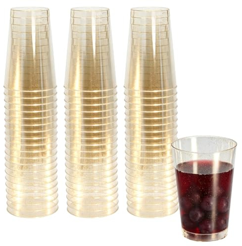Solivive 60 Stück Plastikbecher mit Goldglitter, 360ml Transparent Hartplastik Becher, Kunststoff Partybecher, Mehrwegbecher Runde Trinkbecher für Partygeschirr Hochzeit Geburtstag Camping Picknick