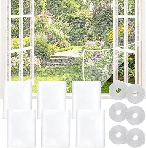 Lot de 6 moustiquaires autocollantes pour fenêtre, 130 x 150 cm, à découper soi-même, filet anti-insectes amovible pour insectes, mouches et moustiques, garde au frais et sans parasites en été (blanc)