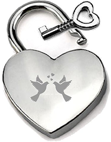 Silver-Tone Heart Padlock Engraved Love Birds